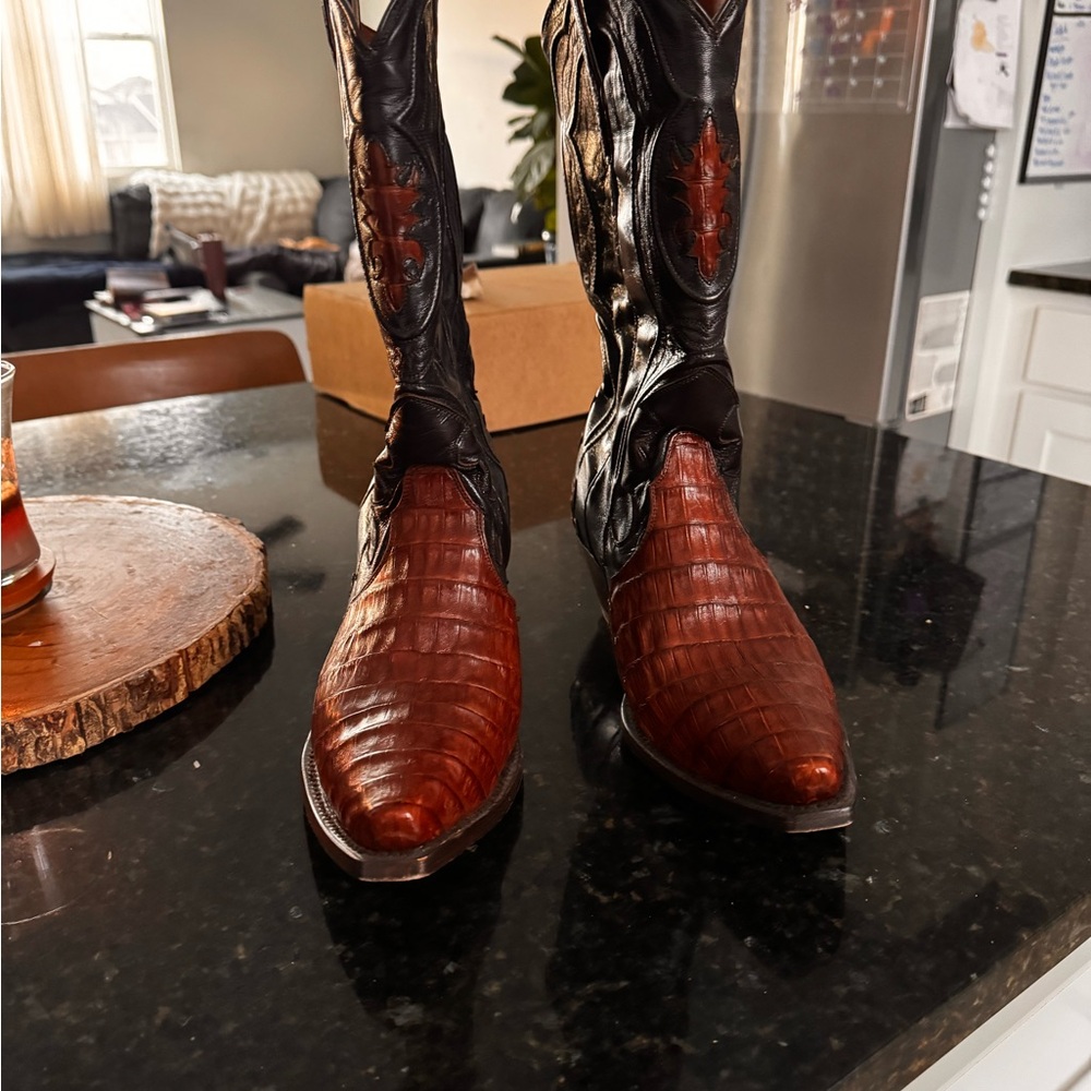 Dan Post Two-Tone Brown Western Leather Exotic Toe Boots - Picture 2 of 3